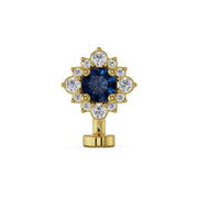 14k yellow gold floating navel ring with blue sapphire center and diamond halo, front view