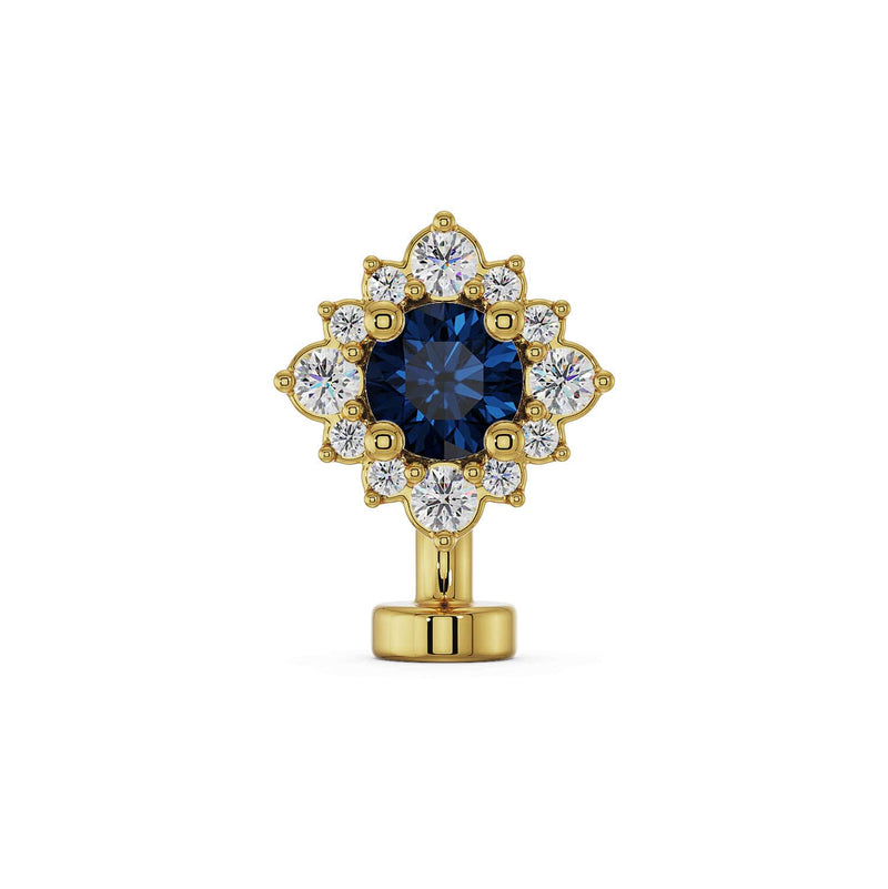 14k yellow gold floating navel ring with blue sapphire center and diamond halo, front view