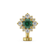14k yellow gold floating belly ring with emerald center stone surrounded by diamond halo
