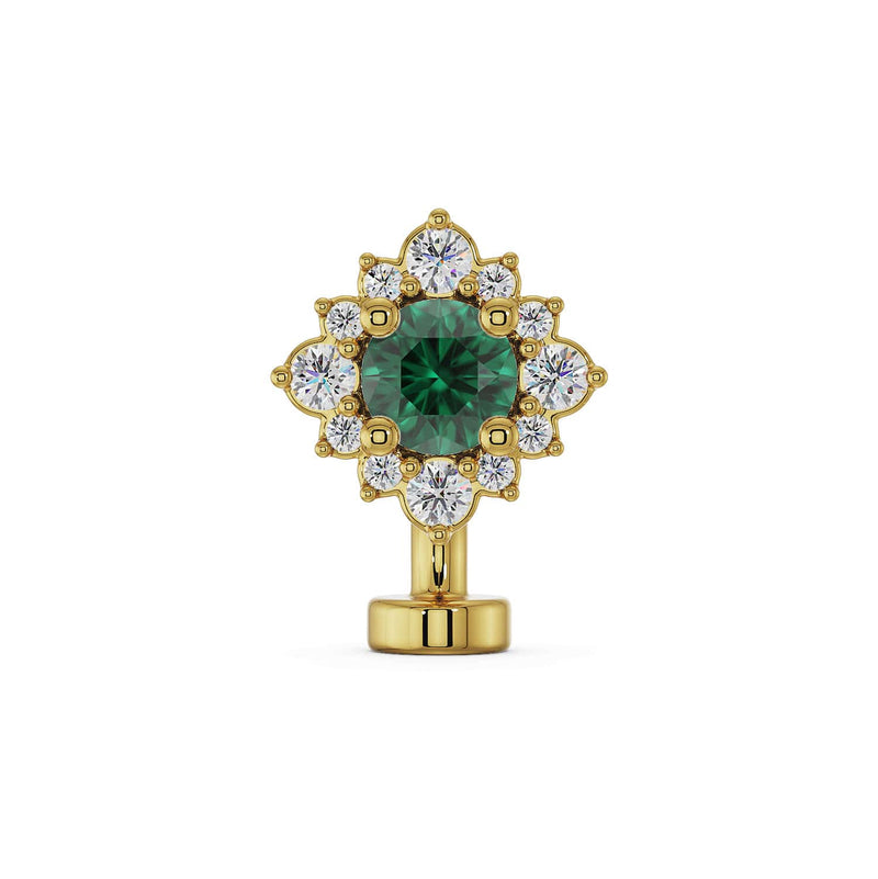 14k yellow gold floating belly ring with emerald center stone surrounded by diamond halo