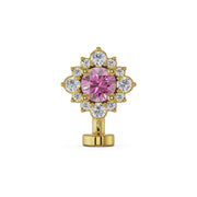 14k yellow gold floating navel ring with pink sapphire center and diamond halo, front view