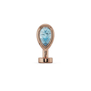 14k rose gold floating belly ring with aquamarine teardrop stone in bezel setting, front view