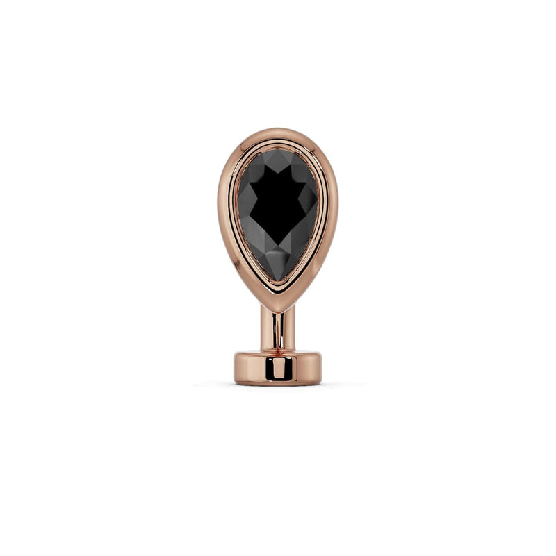 14k rose gold onyx teardrop floating belly ring with black pear-cut stone, front view