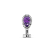 14k white gold petite teardrop floating belly ring with bezel-set amethyst stone, front view
