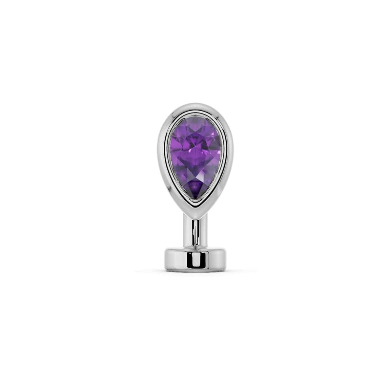 14k white gold petite teardrop floating belly ring with bezel-set amethyst stone, front view