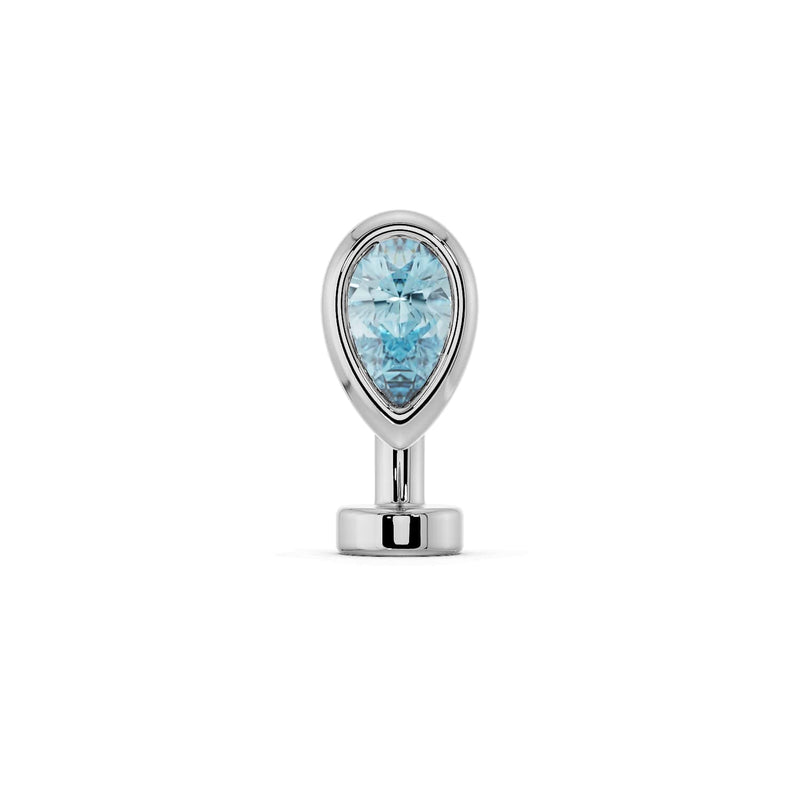 14k white gold floating navel ring with aquamarine teardrop CZ in bezel setting, front view
