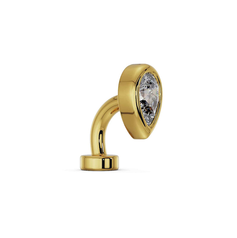 Side profile of 14k yellow gold CZ teardrop floating belly ring showing curved barbell shape