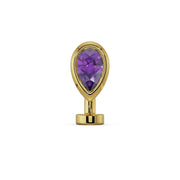 14k yellow gold amethyst teardrop floating belly ring with purple pear-cut stone, front view