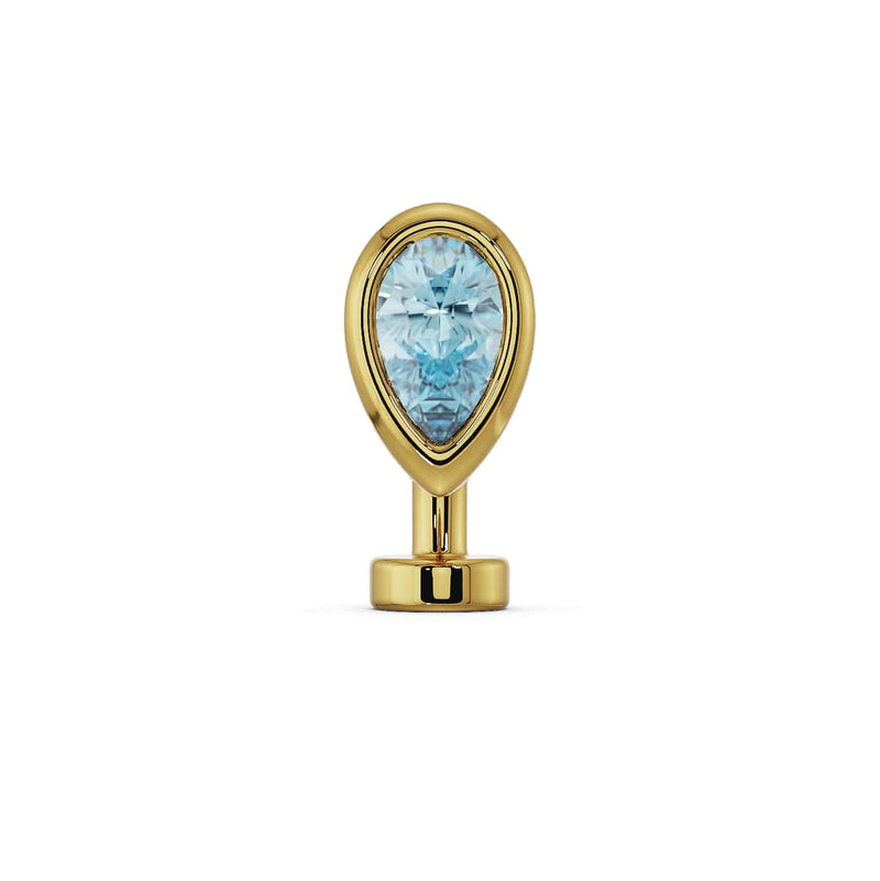 14k yellow gold aquamarine teardrop belly ring, straight-on front view, white background