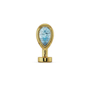 14k yellow gold floating navel ring with aquamarine teardrop stone, front view on white background