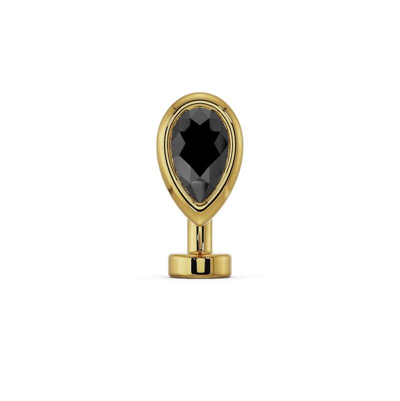 14k yellow gold onyx teardrop floating belly ring with black pear-cut stone, front view