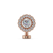 14k rose gold floating navel ring with diamond center and milgrain scalloped halo setting, front view