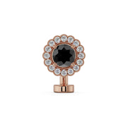 14k rose gold floating navel ring with black diamond center and white diamond scalloped halo