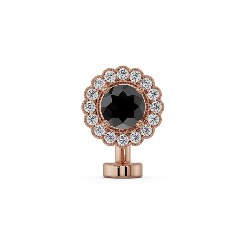 14k rose gold floating navel ring with black diamond center and white diamond scalloped halo