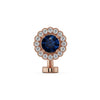 14k rose gold floating navel ring with blue sapphire center and diamond halo, front view