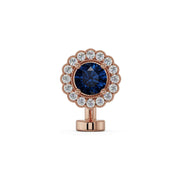 14k rose gold floating navel ring with blue sapphire center and diamond halo, front view