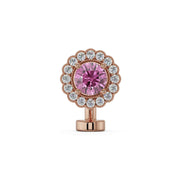 14k rose gold floating belly ring with pink sapphire center and diamond halo, front view