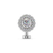 14k white gold floating belly ring with round VS1 diamond center and diamond halo, front view