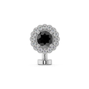 14k white gold floating navel ring with black diamond center and white diamond halo, front view