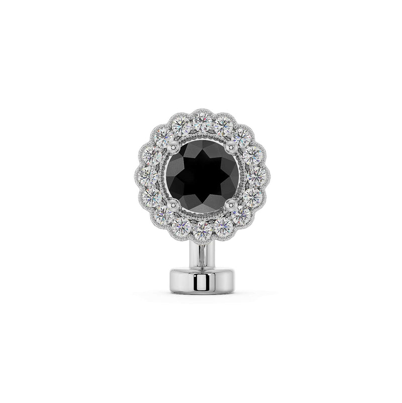 14k white gold floating navel ring with black diamond center and white diamond halo, front view