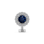 14k white gold floating navel ring with blue sapphire center and scalloped diamond halo, front view
