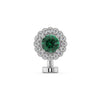 14k white gold floating belly ring with emerald center and diamond halo, front view