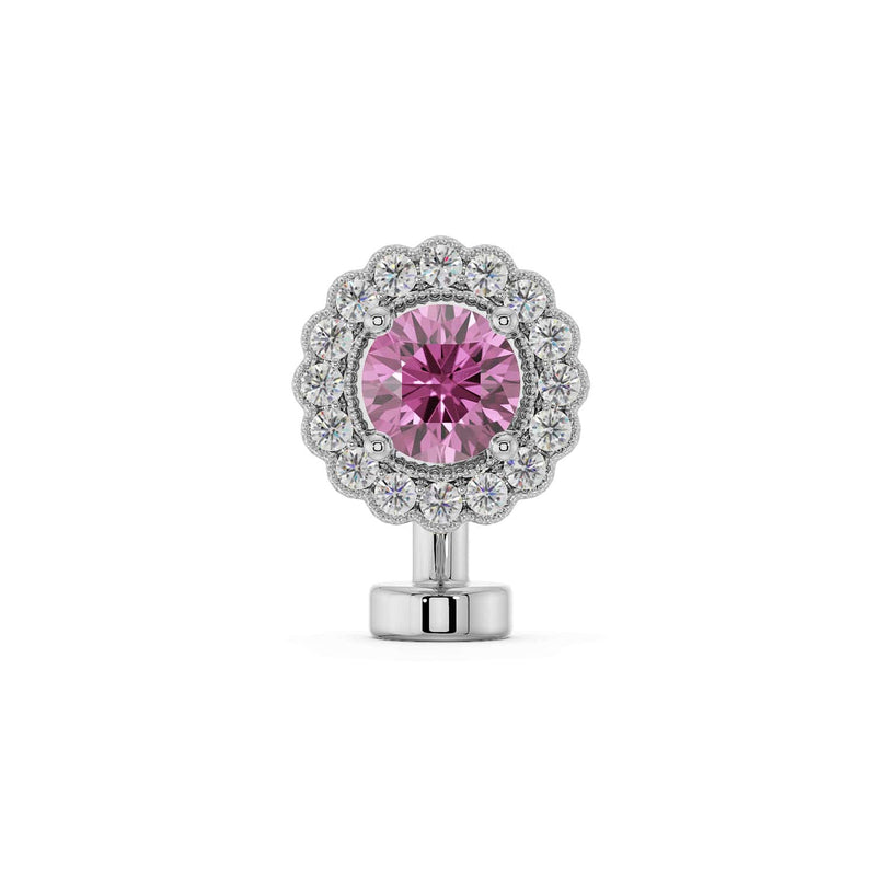 14k white gold floating belly ring with pink sapphire center stone and diamond halo setting