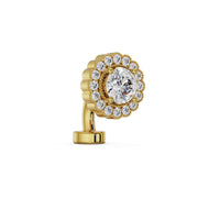 Side profile of 14k yellow gold floating navel ring with CZ center and scalloped diamond halo