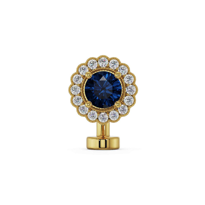 14k yellow gold floating belly ring with blue sapphire center and scalloped diamond halo, front view