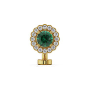 14k yellow gold floating navel ring with emerald center stone and diamond halo, front view