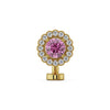 14k yellow gold floating belly ring with pink sapphire center and diamond halo, front view