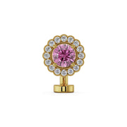 14k yellow gold floating belly ring with pink sapphire center and diamond halo, front view