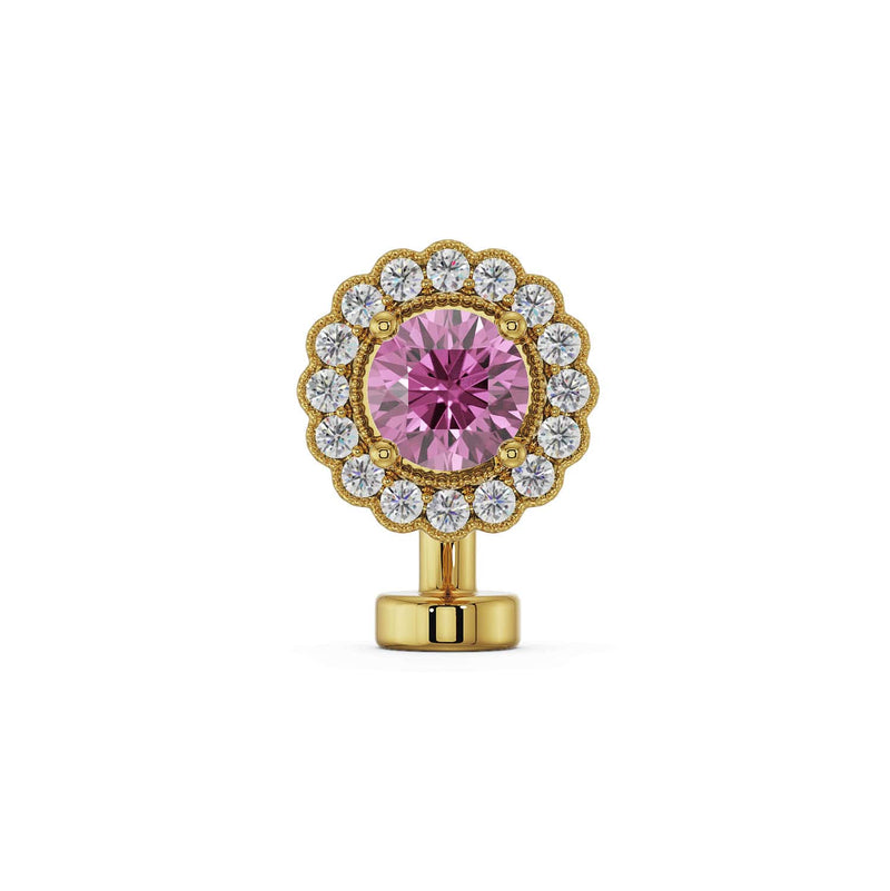 14k yellow gold floating belly ring with pink sapphire center and diamond halo, front view