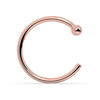 14K rose gold nose hoop with ball end, warm blush tone, front view on white background