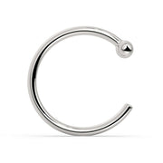 14K white gold nose hoop with ball end, polished C-shape, front view on white background