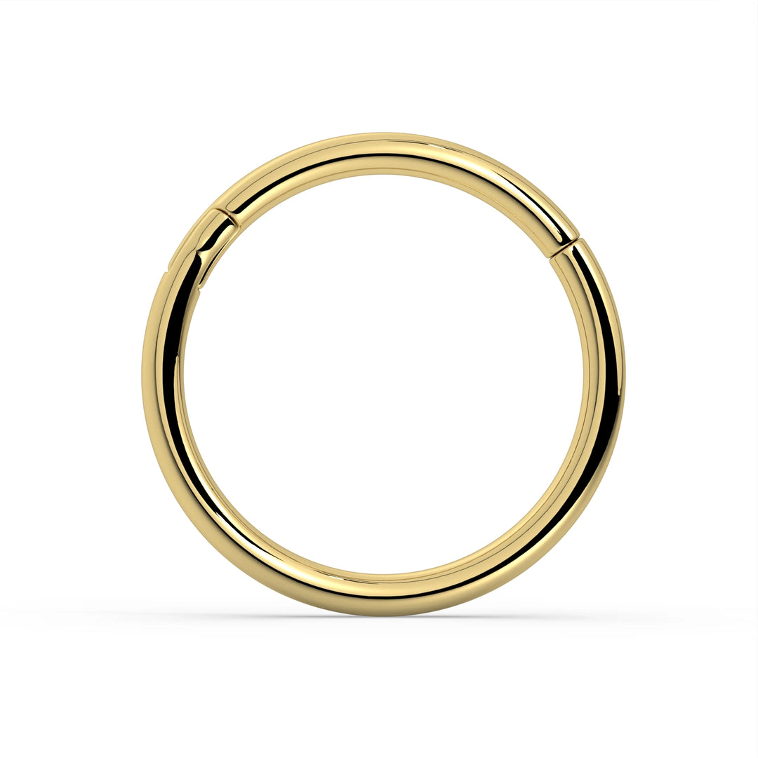 18K yellow gold plain clicker ring hoop, front view showing high-polish finish and closed clasp