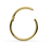 18K yellow gold plain clicker ring hoop shown open at angle, close view of clicker pin and hinge