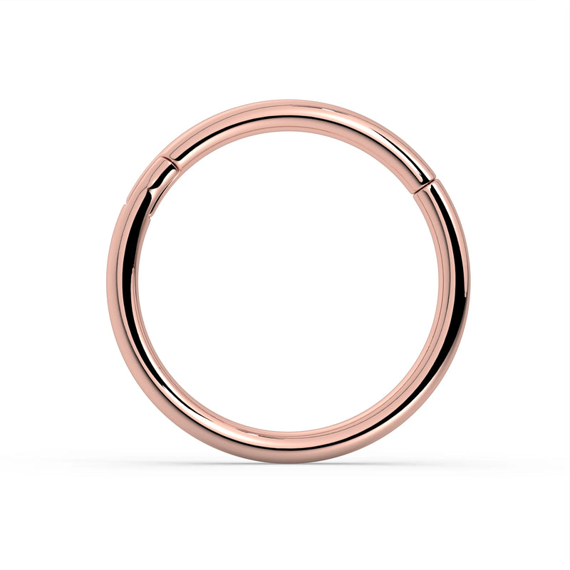 18K rose gold plain clicker ring hoop, front view showing warm polish and seamless closed clasp