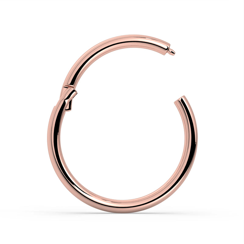 18K rose gold plain clicker ring hoop shown open, side view highlighting hinged clicker mechanism