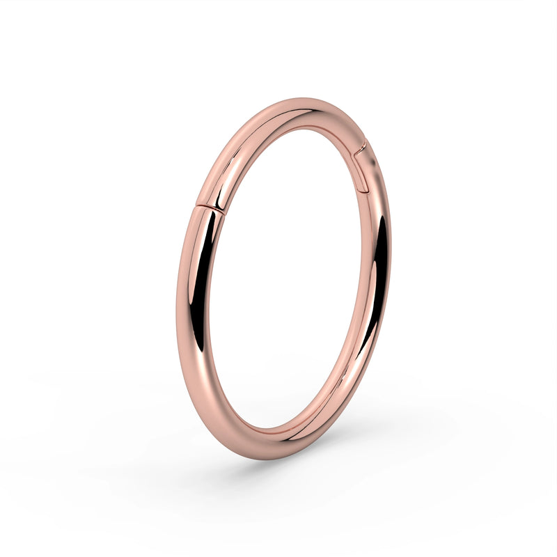 18K rose gold plain clicker ring hoop, angled view showing warm blush tone and clicker closure