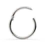 18K white gold plain clicker ring hoop shown open, side view revealing clicker hinge mechanism