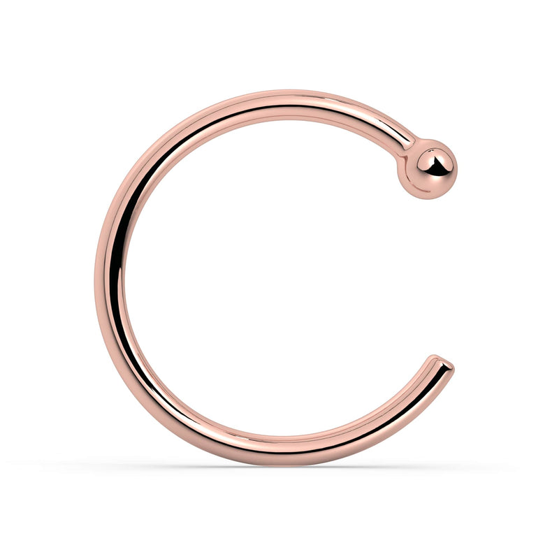 18K rose gold nose hoop with ball end, warm blush tone, polished open-hoop style on white background