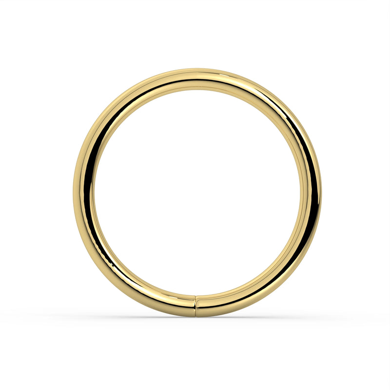 18K yellow gold seam ring hoop, polished plain band, flat front view on white background