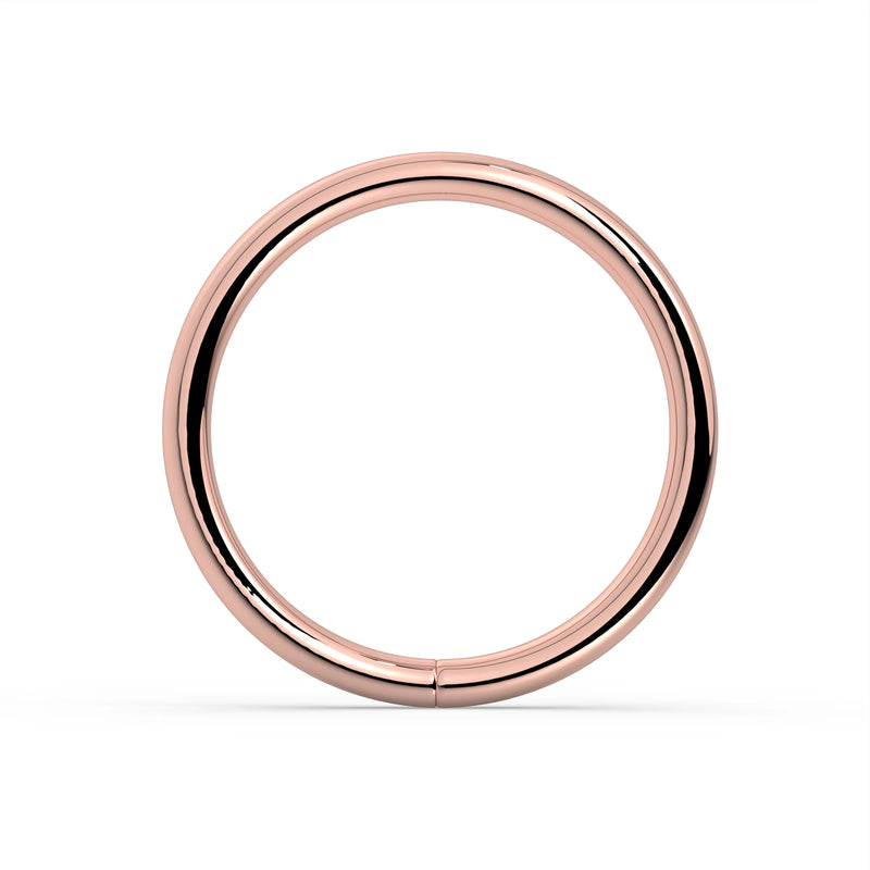 18K rose gold seam ring hoop, flat front view showing warm blush tone and seamless polished band