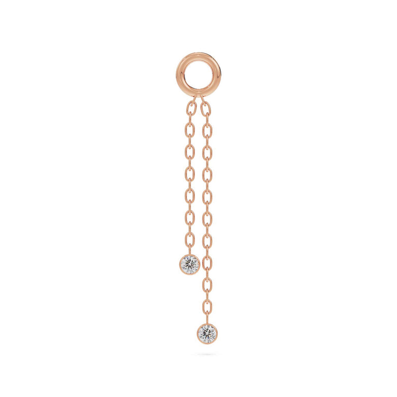 14K rose gold duo diamond piercing chain with two bezel-set diamonds on staggered cable chains