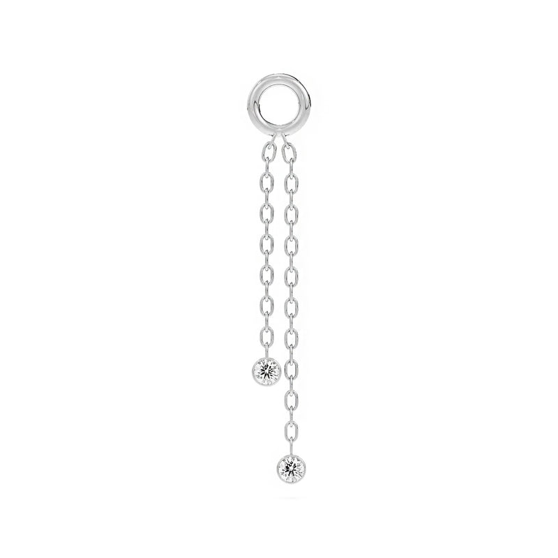 14K white gold duo diamond piercing chain with two bezel-set diamonds on staggered cable chains