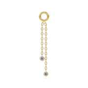 14K yellow gold duo diamond piercing chain with two bezel-set diamonds on staggered cable chains