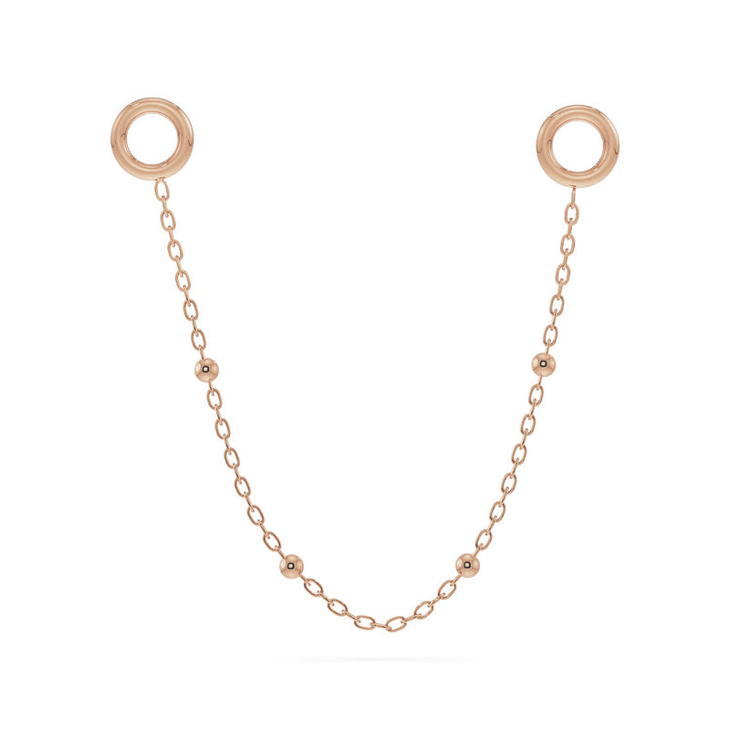 14k rose gold long bead chain piercing connector showing full drape length with bead accents