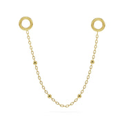 14k yellow gold long bead chain piercing connector showing extended drop with multiple ball accents