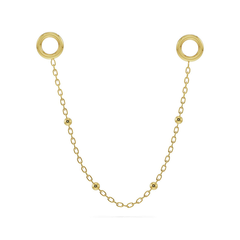 14k yellow gold long bead chain piercing connector showing extended drop with multiple ball accents
